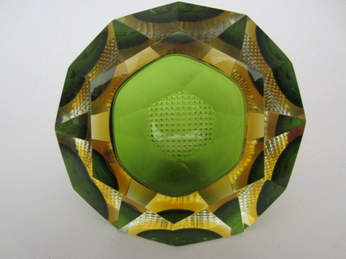136.0 Murano Sommerso Green And Amber Mandruzzato 6 Facet Cut Geometric Art Glass Bowl photo