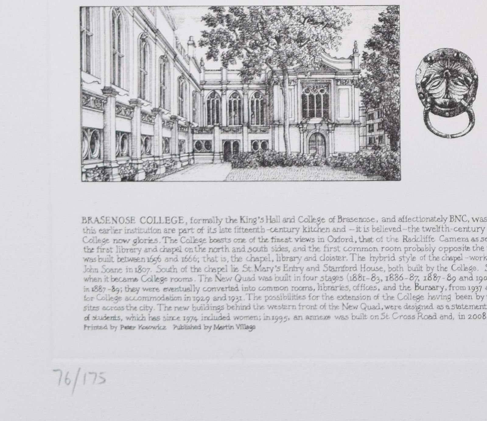 Andrew Ingamells Brasenose College, Oxford Etching By Andrew Ingamells photo 1050.0