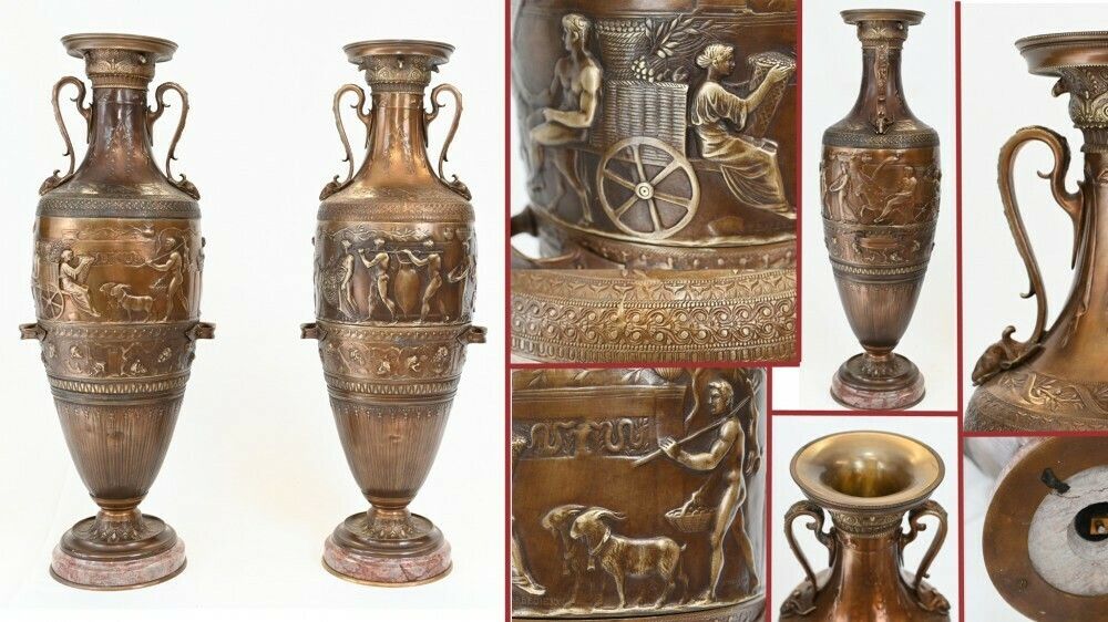 Pair French Bronze Amphora Urns After Barbedienne Classical Antiquity