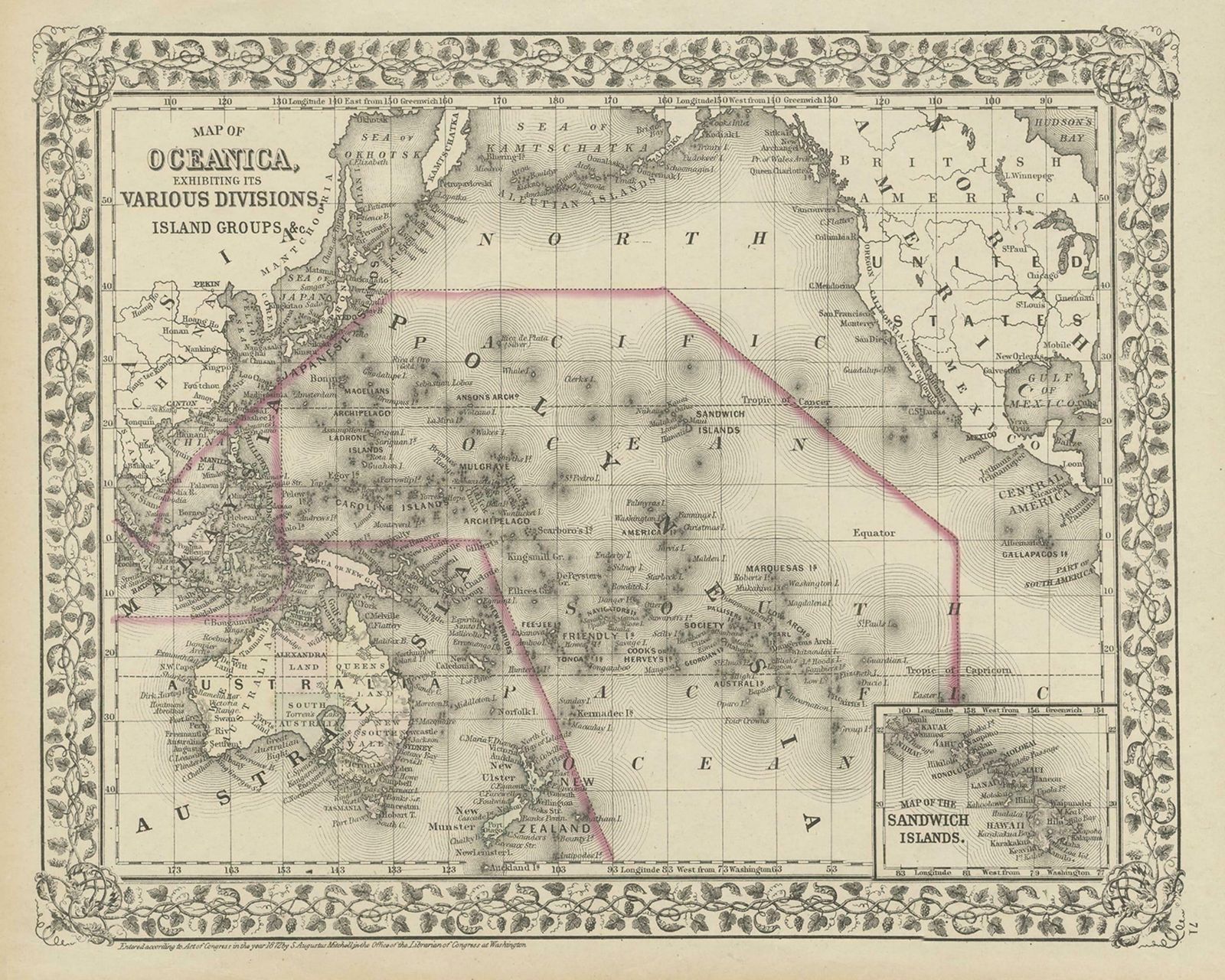 Old Map Of The Pacific, Incl Australia, Polynesia, Melanesia And Malaysia, 1872 photo furniture