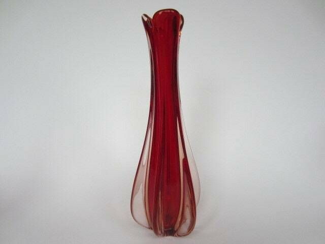Mcm Italian Murano Bright Red And Peach Art Glass Pulled Rib Sommerso Vase C60s photo furniture