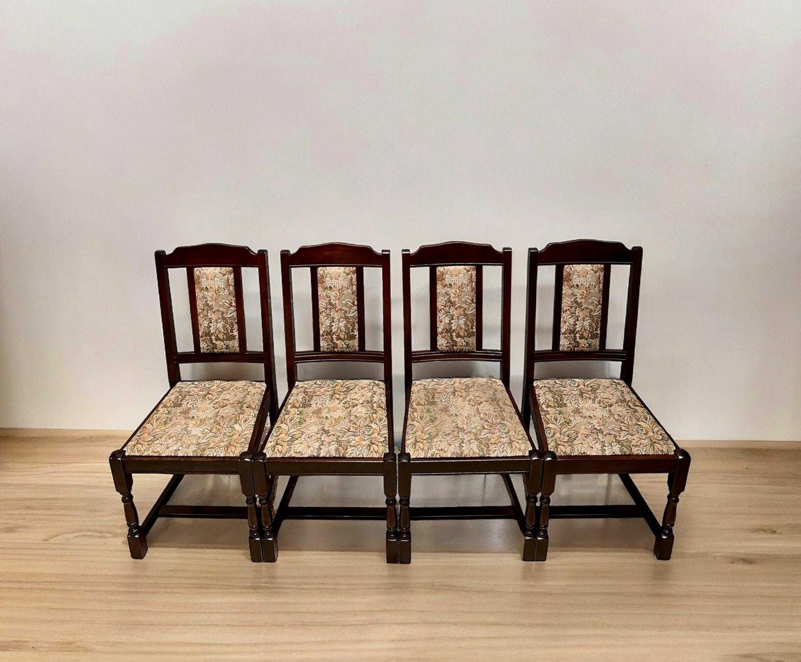 Vintage Oak Dining Chairs / Set Of 4 / Solid Oak Wooden Frames C1990 / Tudor Brown