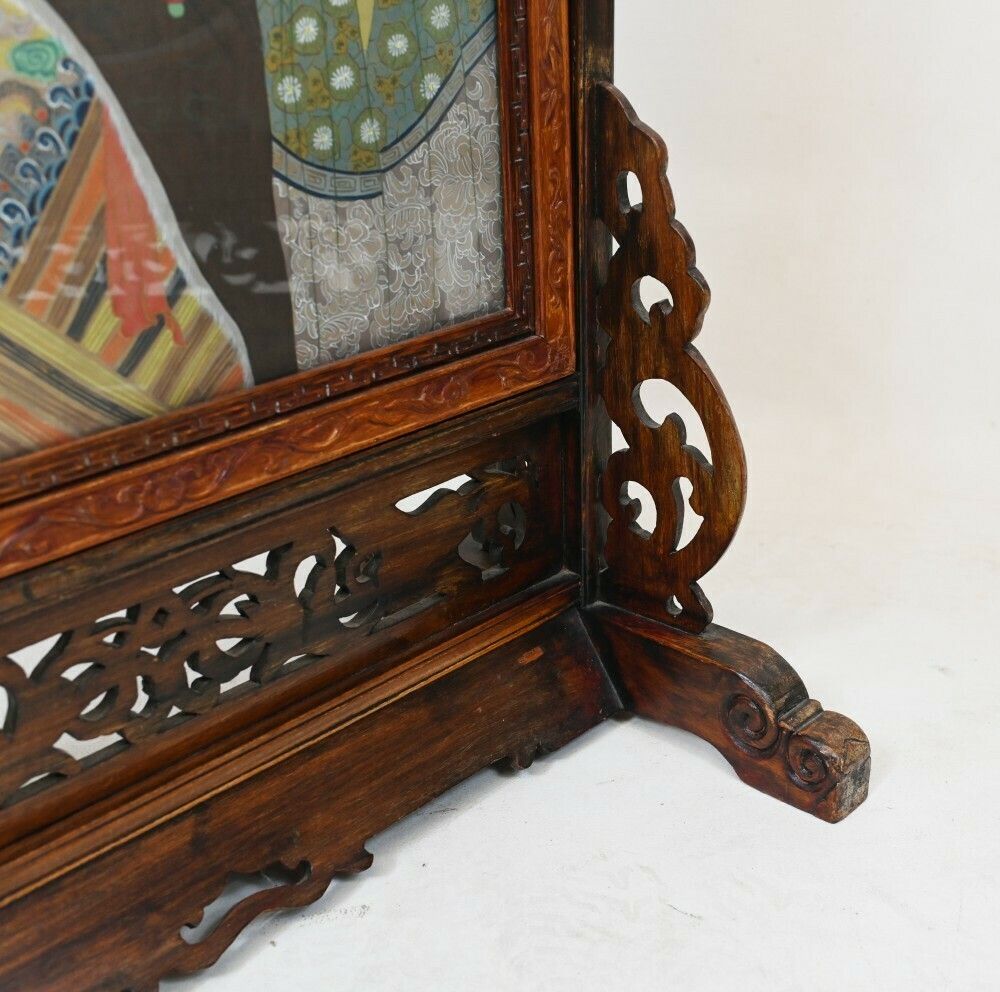 Pair Chinese Silk Woven Hardwood Screens Antique 1840 Qianlong Emperor photo vintage