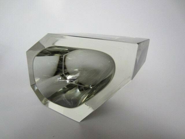 Rare Extra Large Faceted Smokey Grey Murano Geometric Art Glass Mandruzzato Bowl photo for sale