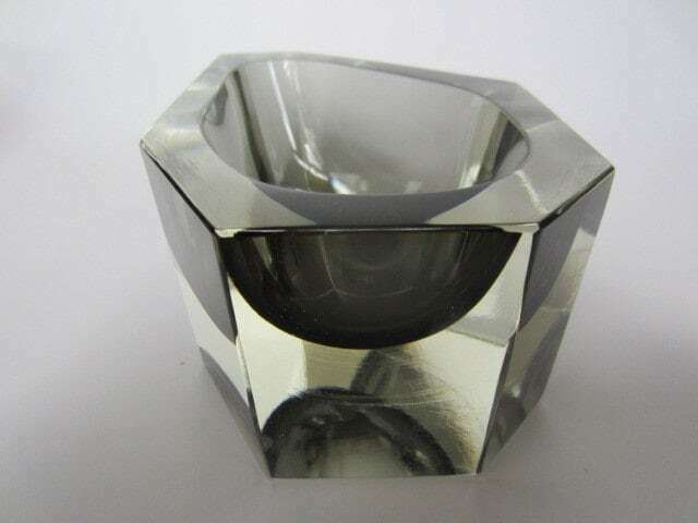 Rare Extra Large Faceted Smokey Grey Murano Geometric Art Glass Mandruzzato Bowl photo vinterior