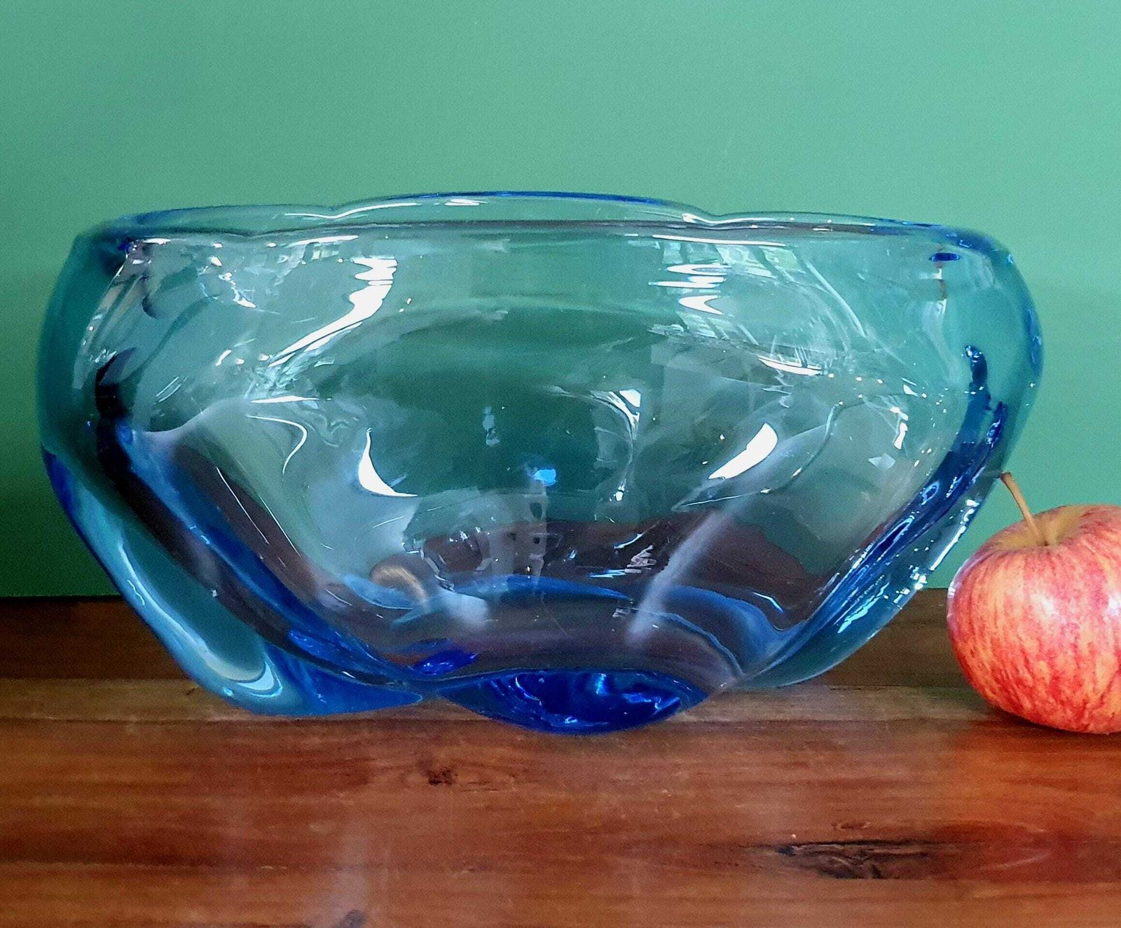 A Large 11 Inch Vintage Whitefriars James Hogan Sapphire Glass Pillow Bowl, Pattern 9250, C.1950s photo for sale