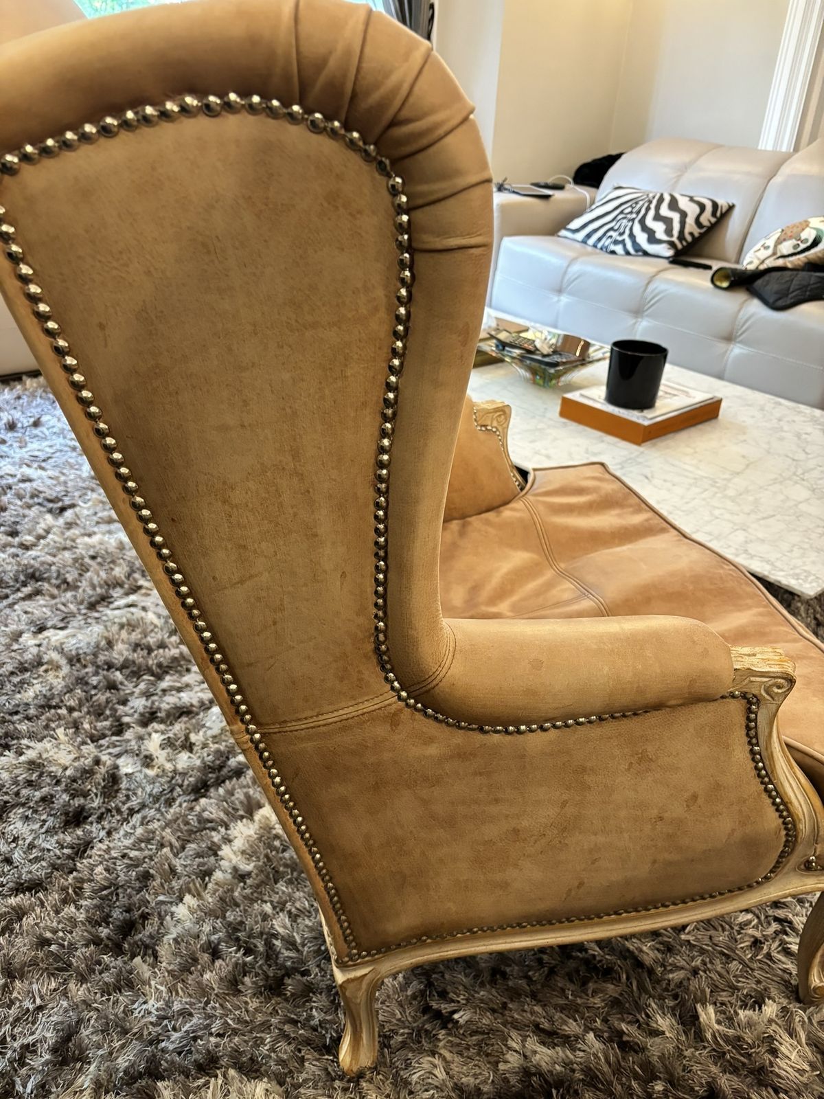 Two Treated Suede Studded Stylish Armchairs By Andrew Martin photo for sale