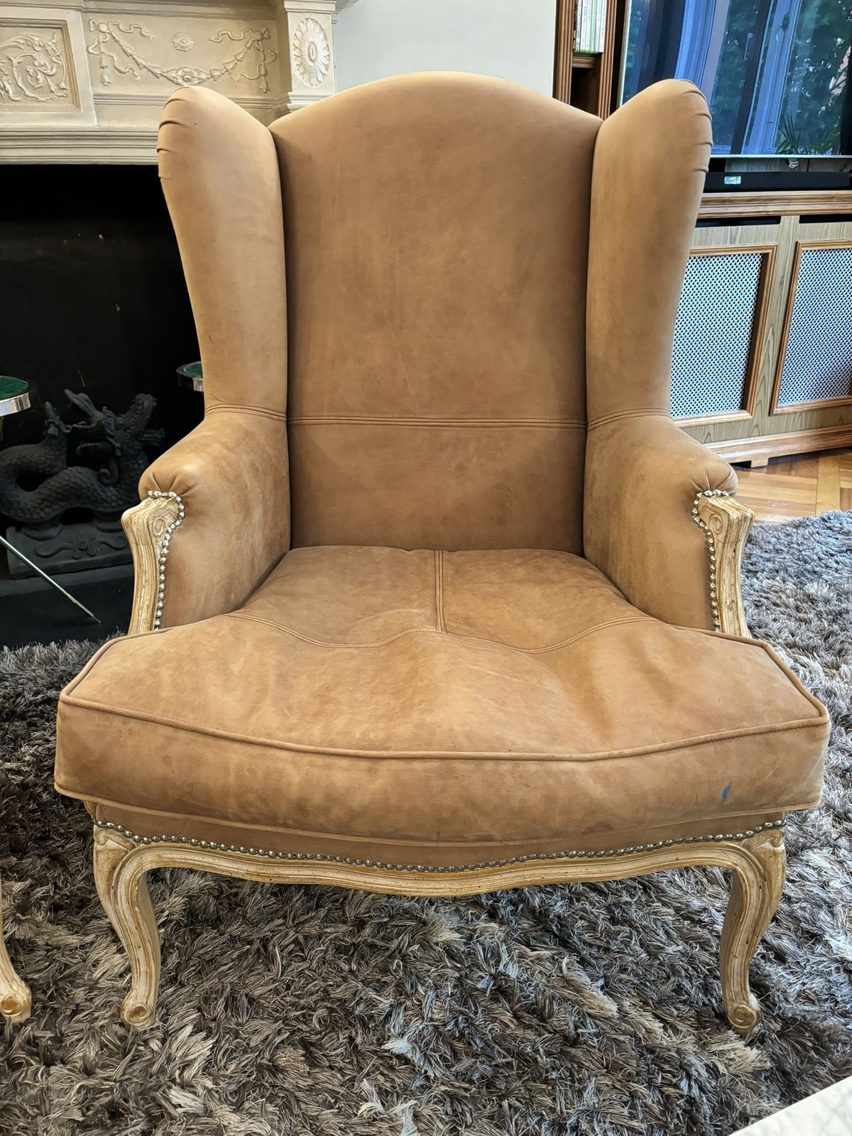 Two Treated Suede Studded Stylish Armchairs By Andrew Martin