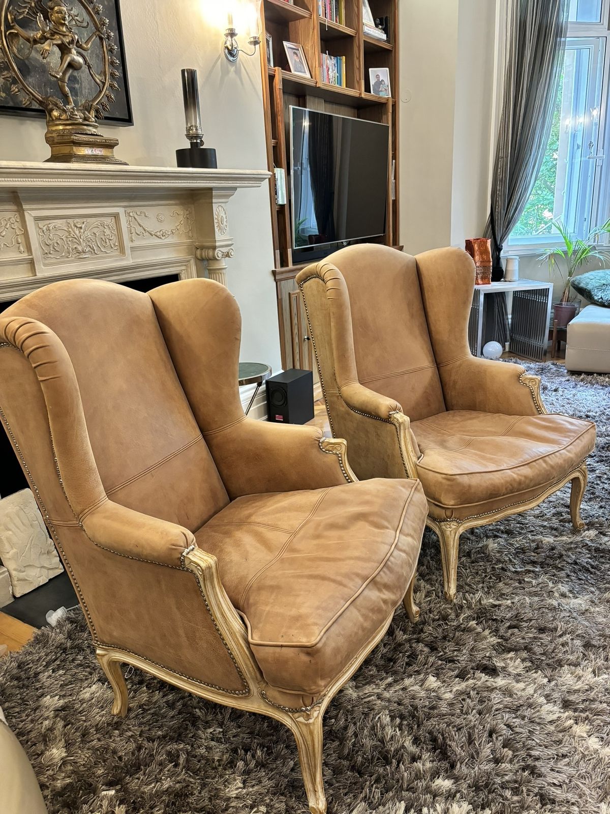 Two Treated Suede Studded Stylish Armchairs By Andrew Martin photo Furniture