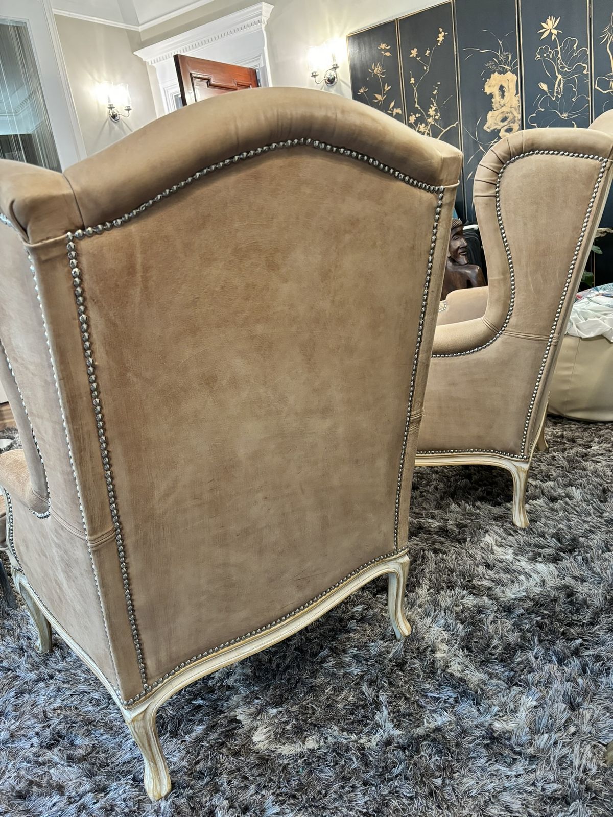 photo furniture Two Treated Suede Studded Stylish Armchairs By Andrew Martin