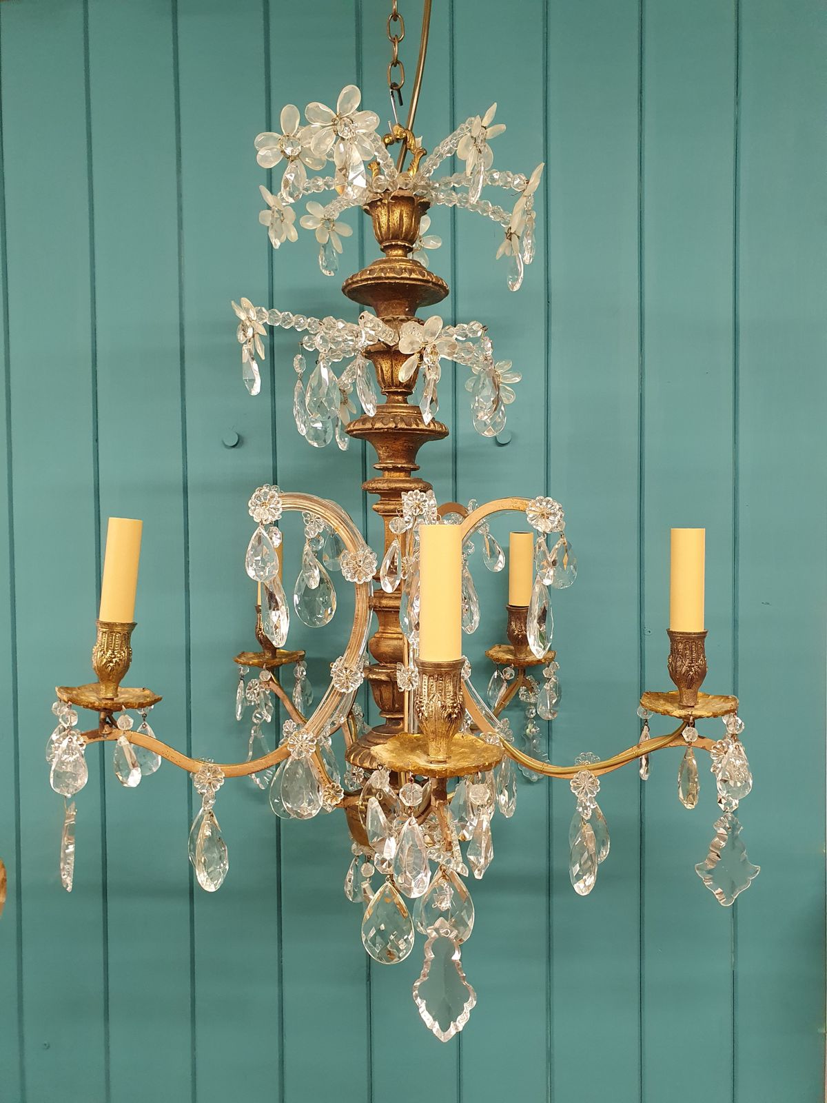 Really Unusual Five Arm Chandelier In Wood And Steel 23" photo furniture