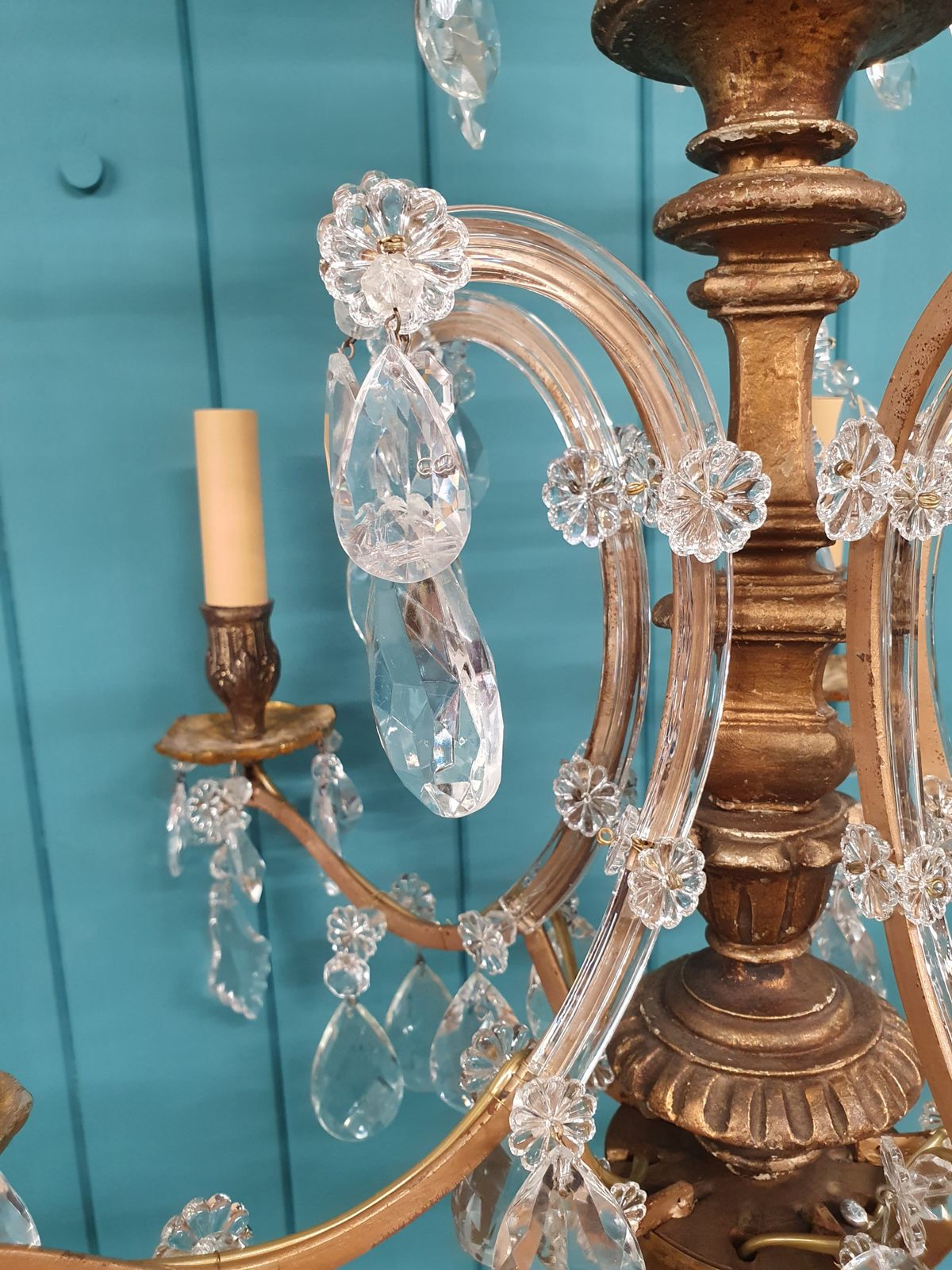 Really Unusual Five Arm Chandelier In Wood And Steel 23" photo vintage