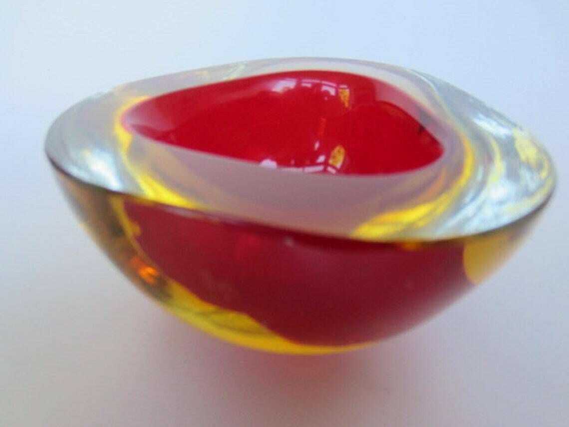 Murano Poli Seguso Era Triangle Submerged Geode Bowl Cherry Red And Golden Amber photo furniture