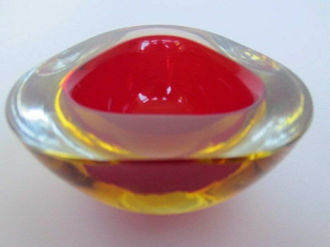 Murano Poli Seguso Era Triangle Submerged Geode Bowl Cherry Red And Golden Amber photo 74.0