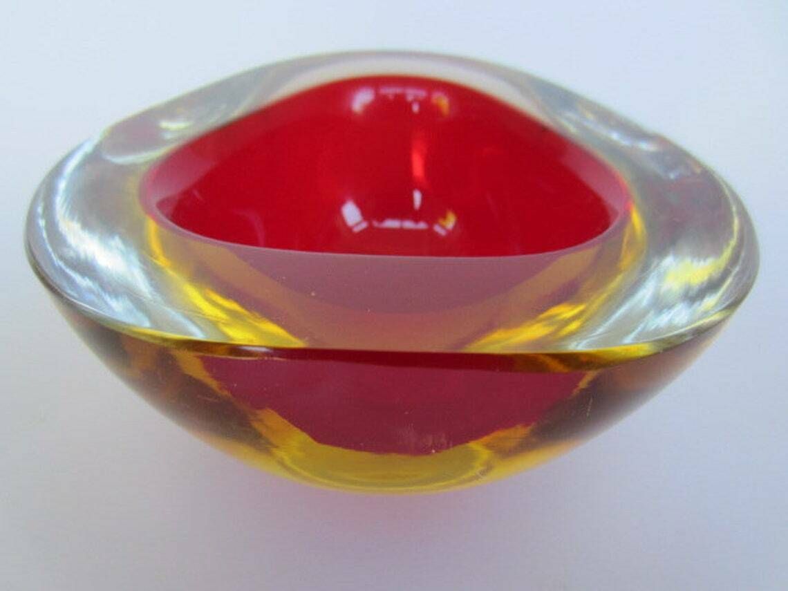 Murano Poli Seguso Era Triangle Submerged Geode Bowl Cherry Red And Golden Amber photo buy