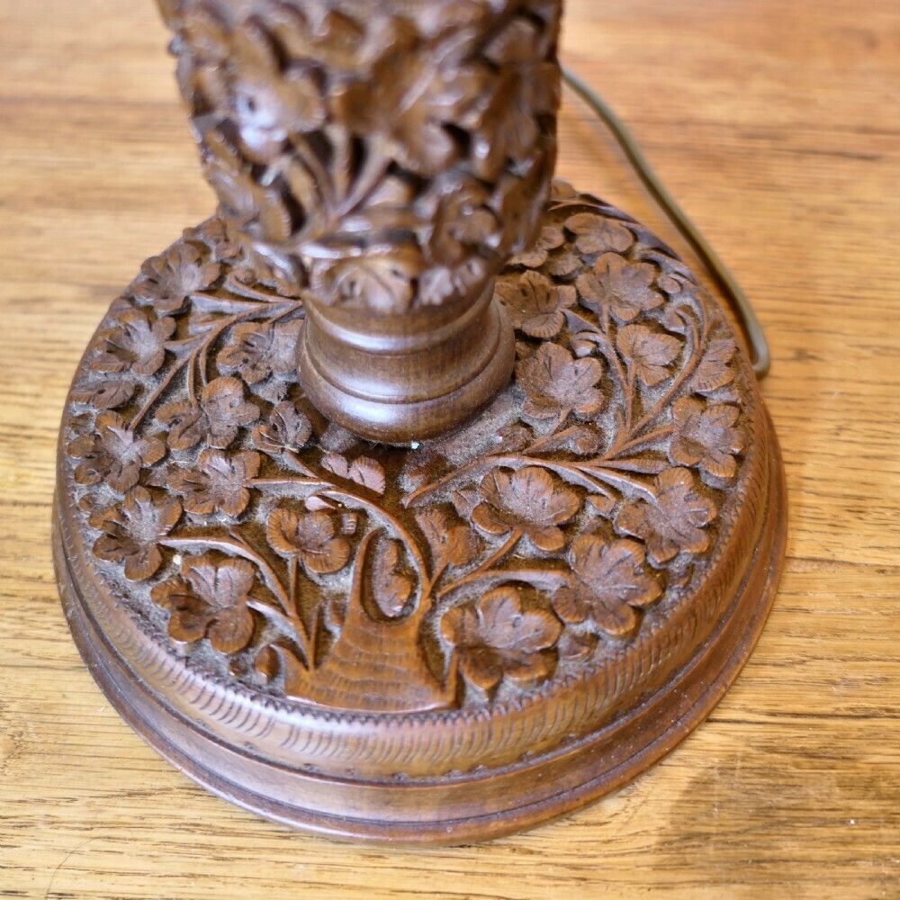 A Pair Of Teak Carved Tree Of Life Table Lamps photo Lighting