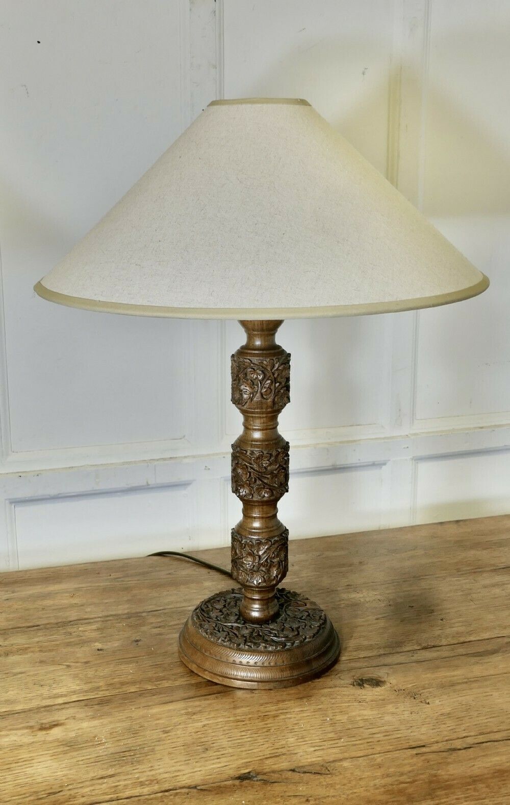 A Pair Of Teak Carved Tree Of Life Table Lamps photo buy