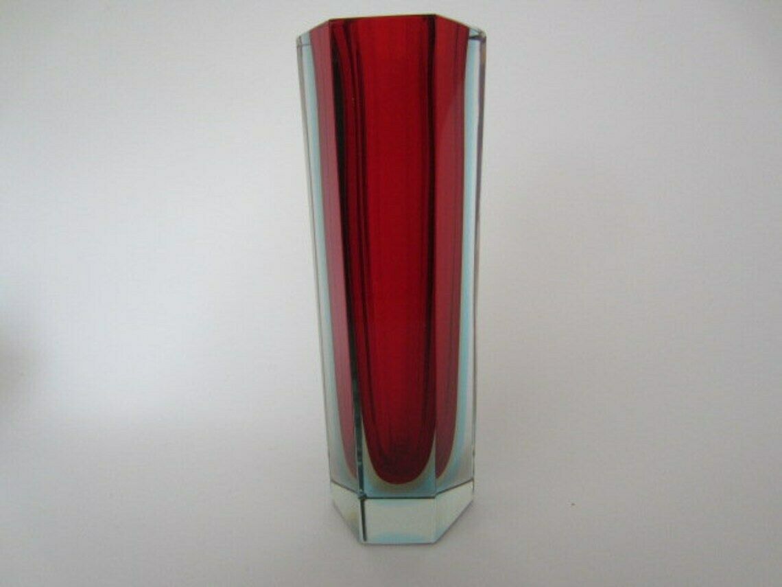 Vintage Murano Mandruzzato Red Amber Blue Hexagonal Triple Sommerso Block Vase