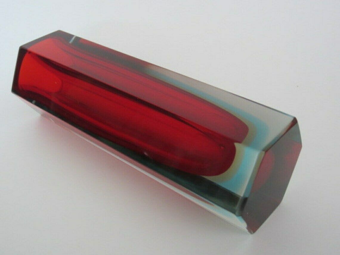 Vintage Murano Mandruzzato Red Amber Blue Hexagonal Triple Sommerso Block Vase photo buy
