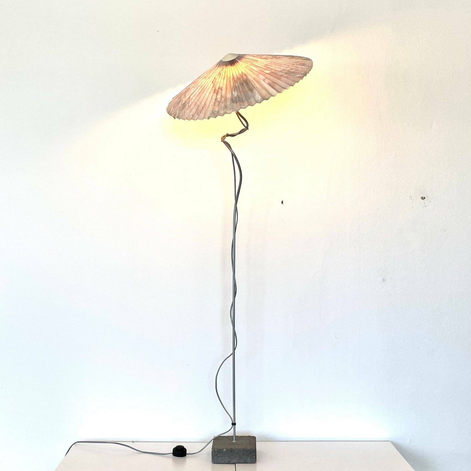 Postmodern Belgian Vintage Floor Lamp With A Concrete Base, Swaying Organic Metal Pole And A Pleated Vintage Shade   Design By Massive