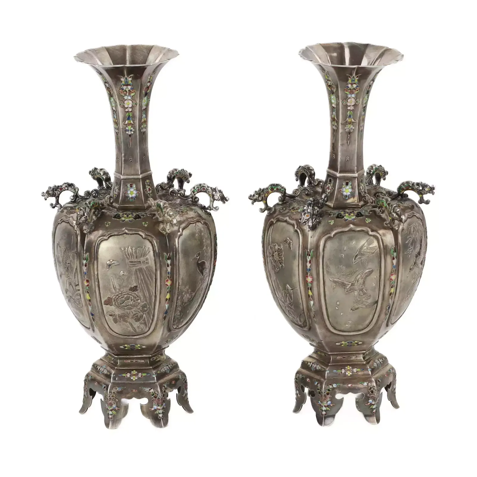 A Pair Of Elegant Japanese Vases Made Of Silver And Enamel. The Turn Of The 19th 20th Centuries. photo for sale