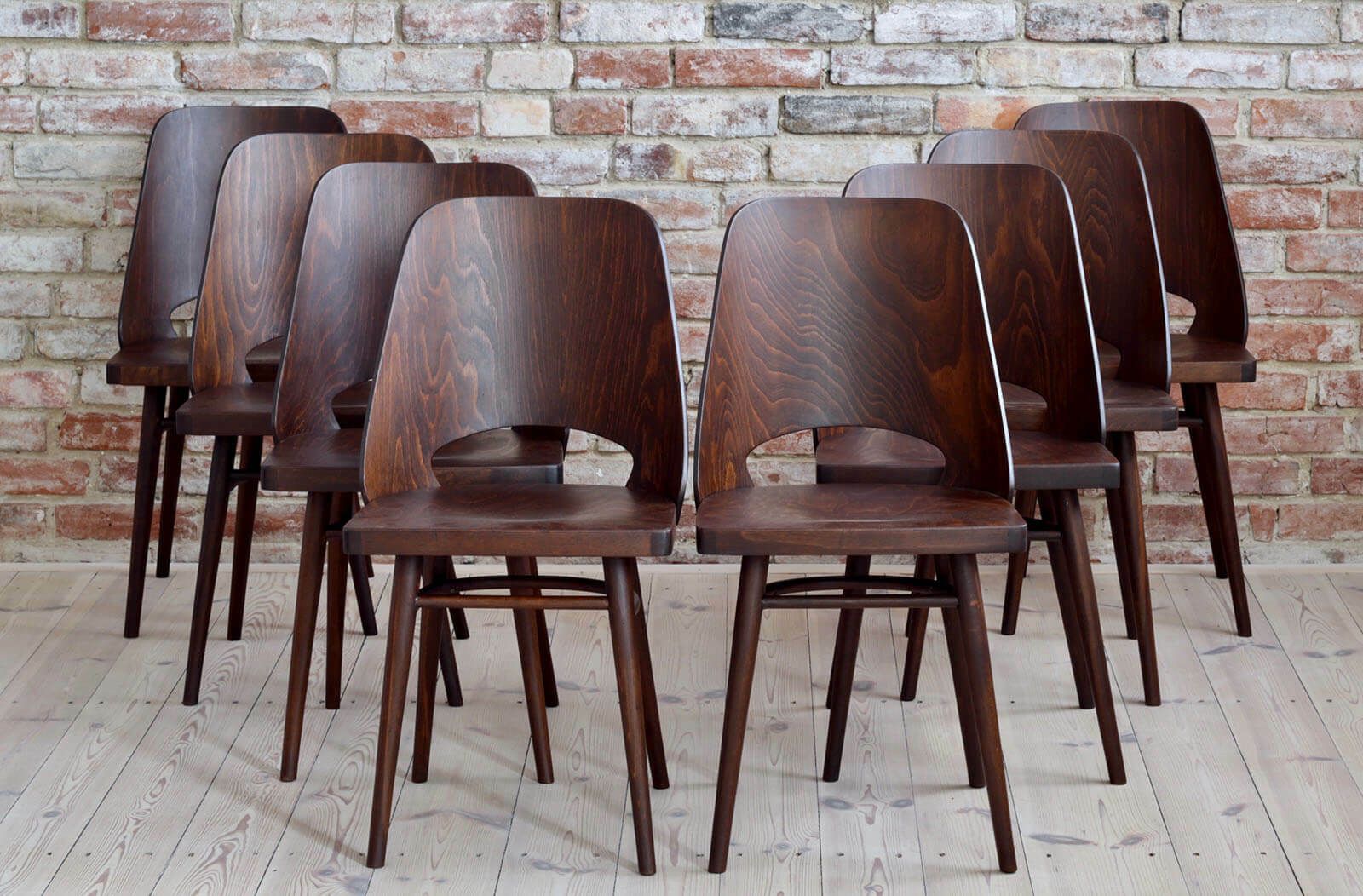 Set Of 8 Dining Chairs By Radomir Hofman For Ton, Model 514, Beech Veneer