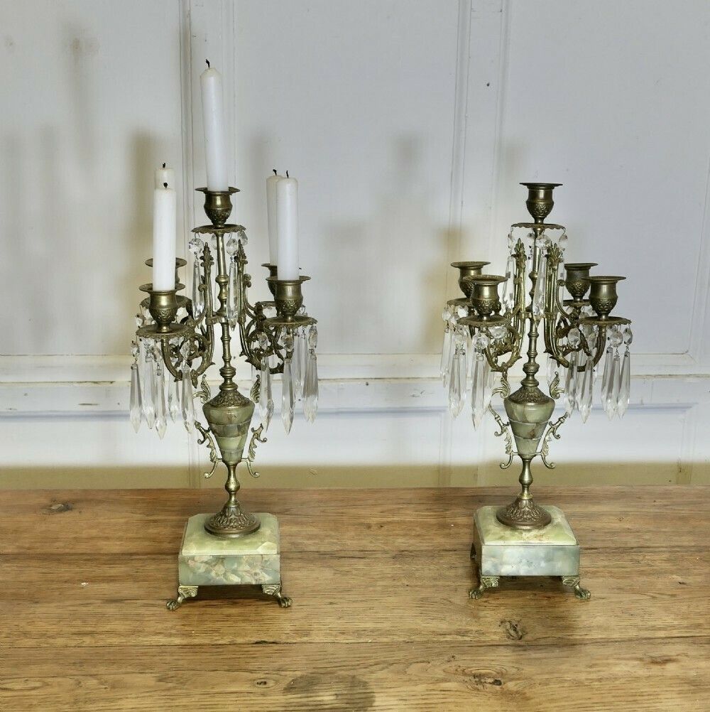 A Pair Of Green Marble And Brass 5 Branch Candelabra photo furniture