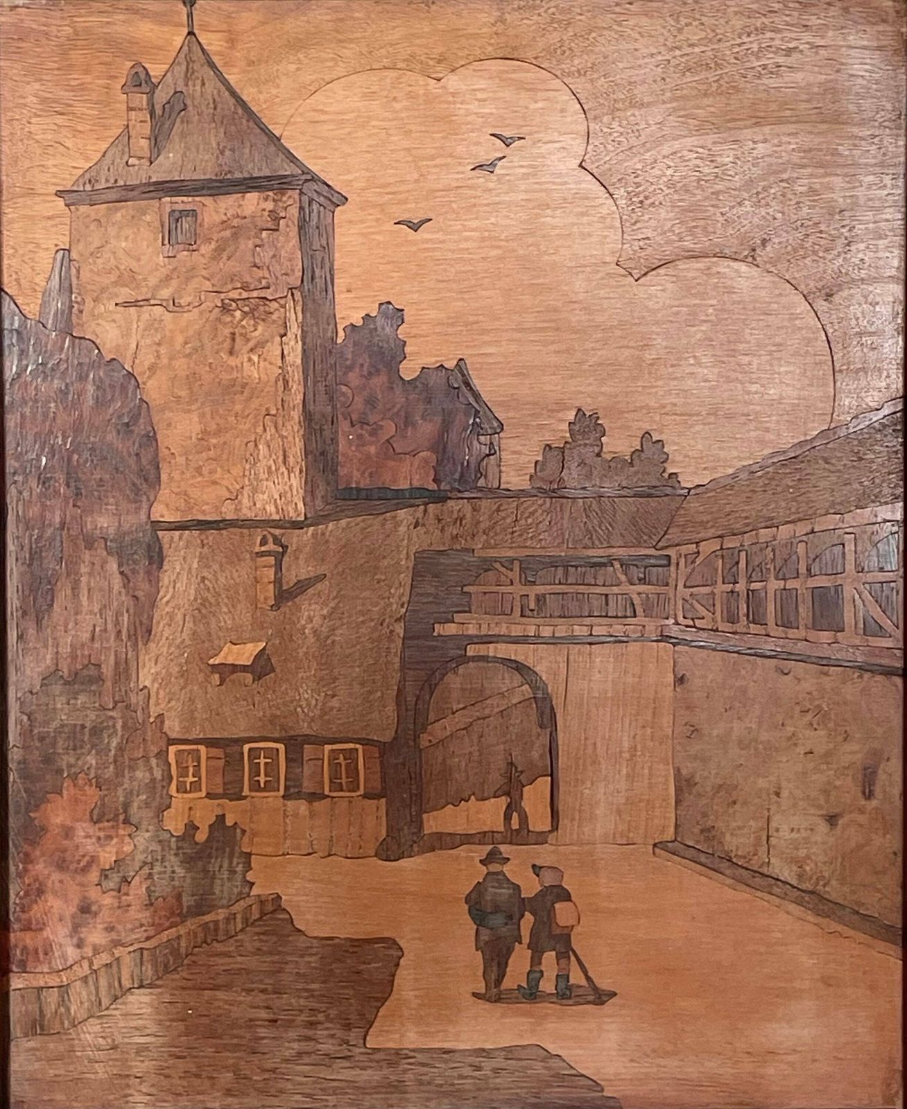 Vintage Insertia Marquetry Wooden Artworks From The Mid Century With Motive Of Lively Towns And Church photo for sale