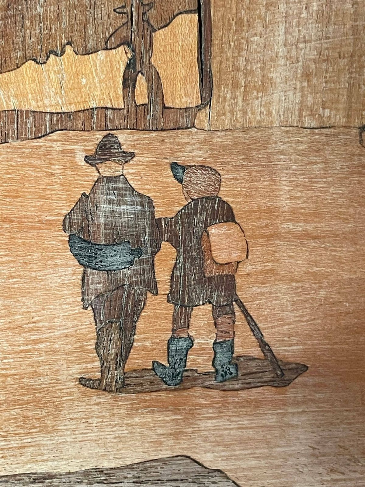 Vintage Insertia Marquetry Wooden Artworks From The Mid Century With Motive Of Lively Towns And Church photo vinterior