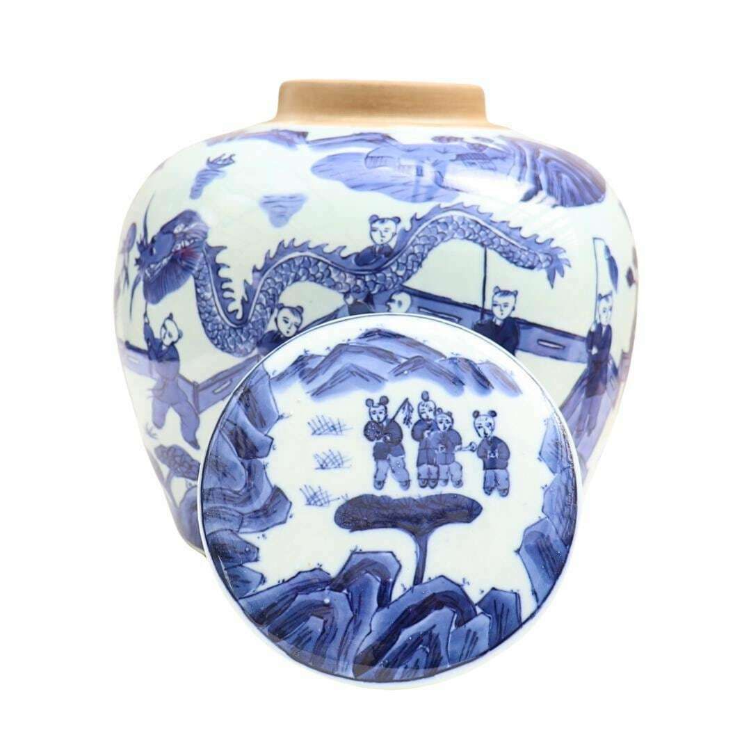 Huge Blue And White Chinese Ming Style Ginger Jar H 7.2'' , Chinese Blue And White Chinese Dragon Procession Lidded Jar, Big Chinoiserie Jar photo 250.0
