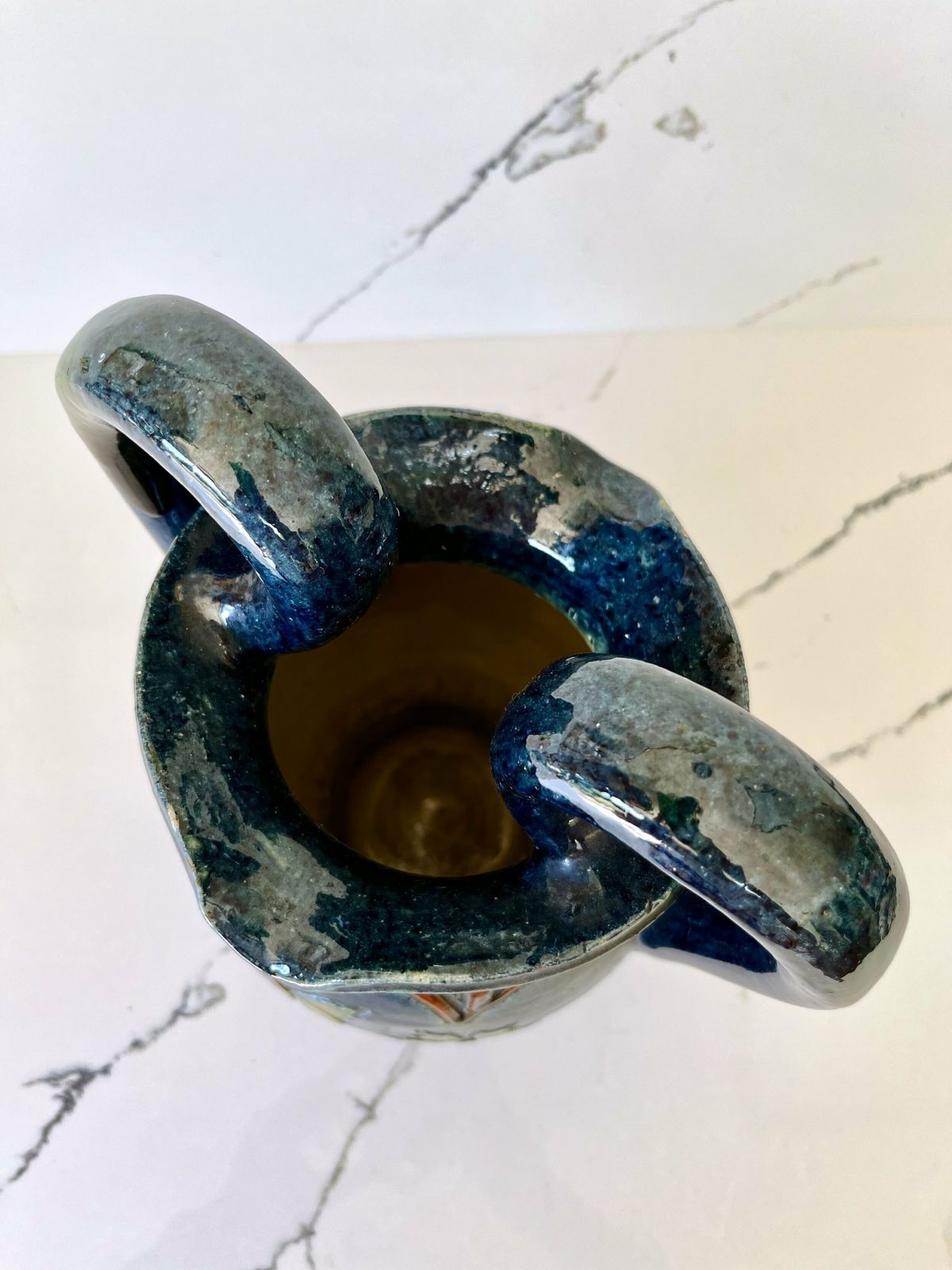 Dark Blue Stoneware Flemish/Swedish Etched & Hand Painted Vase With Handles photo Home Decor