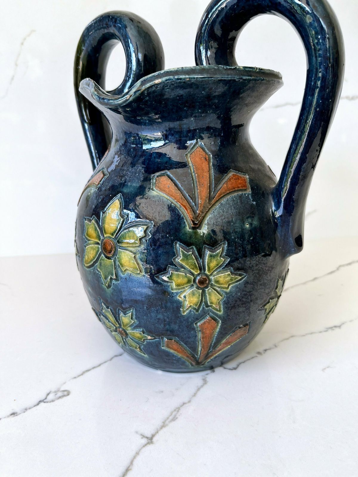 Dark Blue Stoneware Flemish/Swedish Etched & Hand Painted Vase With Handles photo vintage