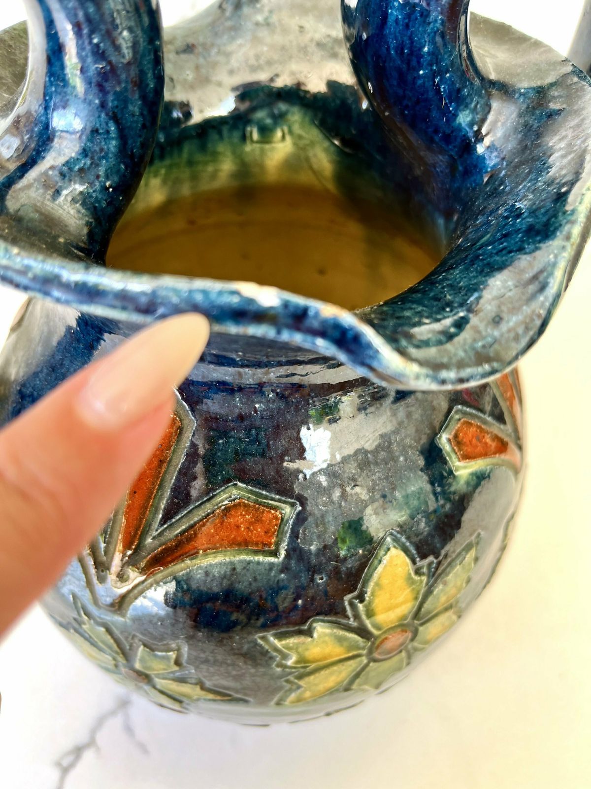 photo for sale Dark Blue Stoneware Flemish/Swedish Etched & Hand Painted Vase With Handles