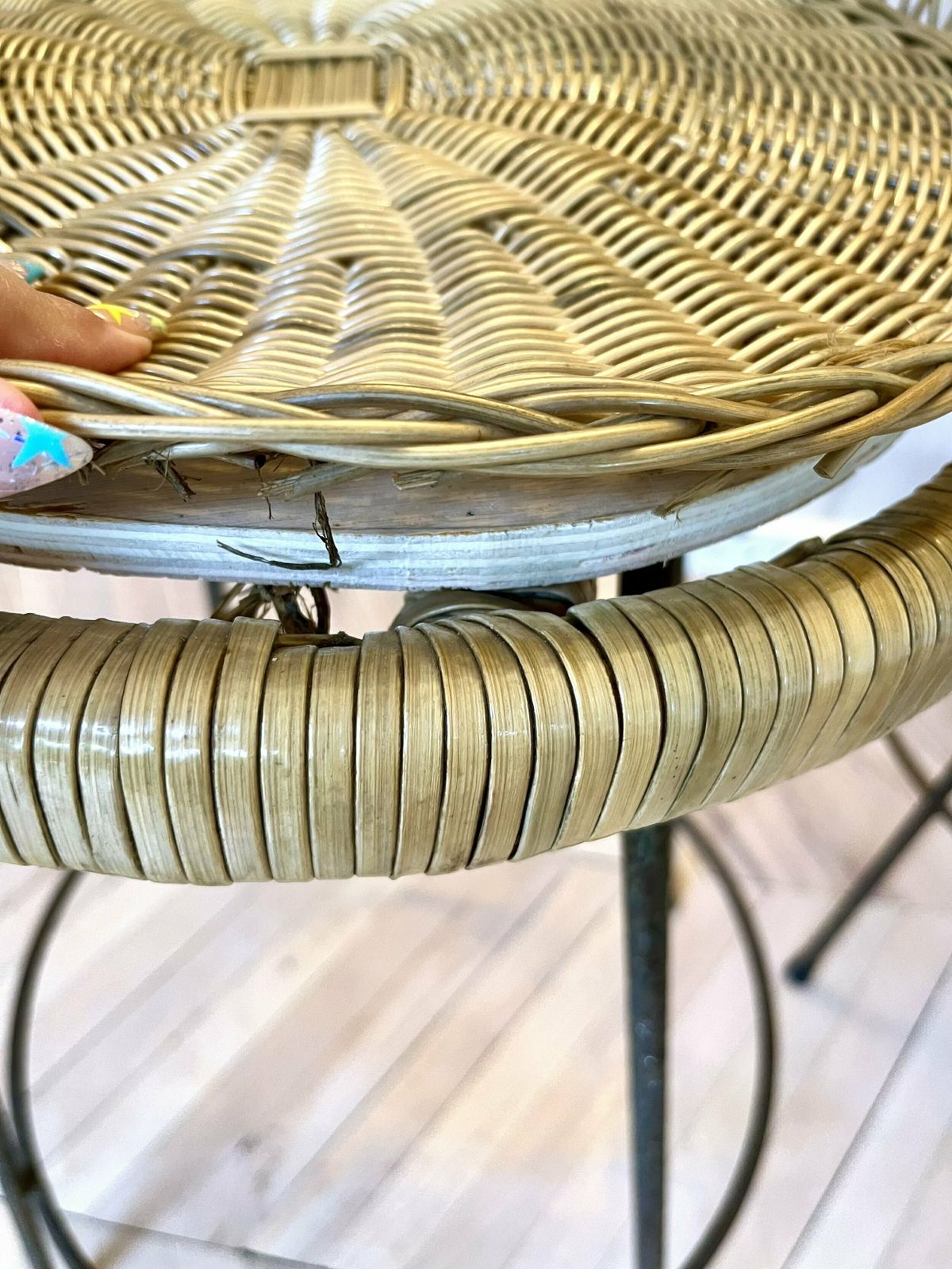 photo furniture Pair Of Mid Century Woven Rattan/Cane & Metal Bar Stools