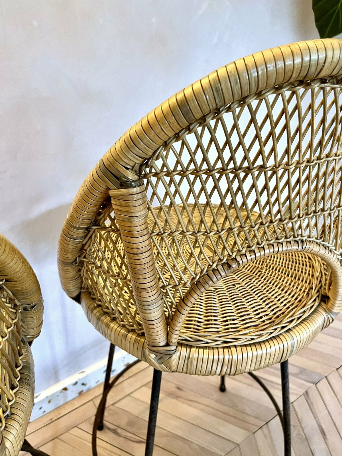 photo buy Pair Of Mid Century Woven Rattan/Cane & Metal Bar Stools