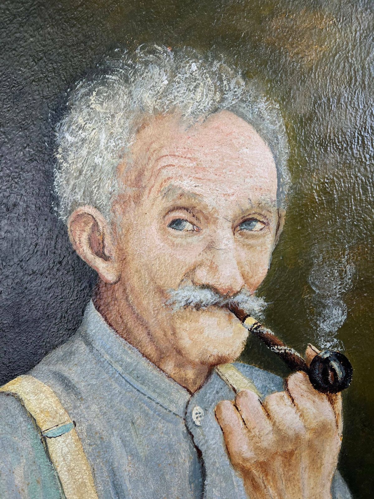 Original Framed Portrait Oil Painting Of Old Man Smoking, Switzerland, Male Portrait photo 344.0