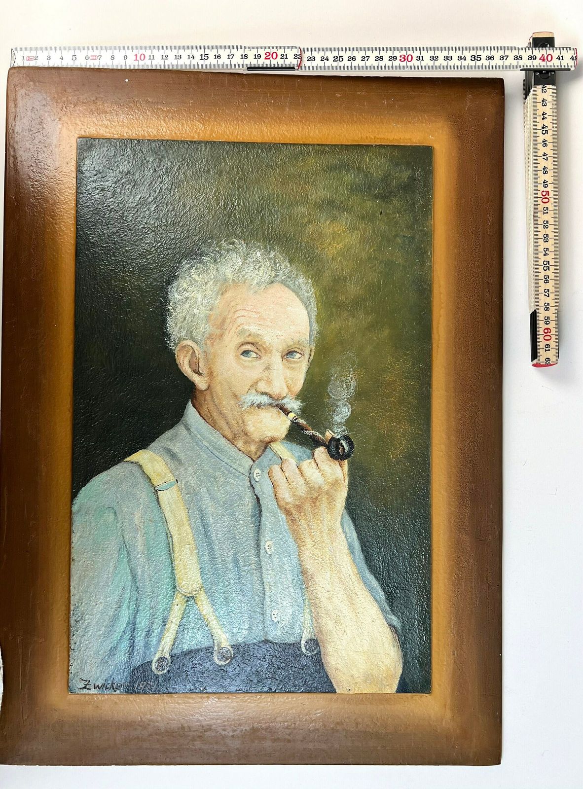photo for sale Original Framed Portrait Oil Painting Of Old Man Smoking, Switzerland, Male Portrait