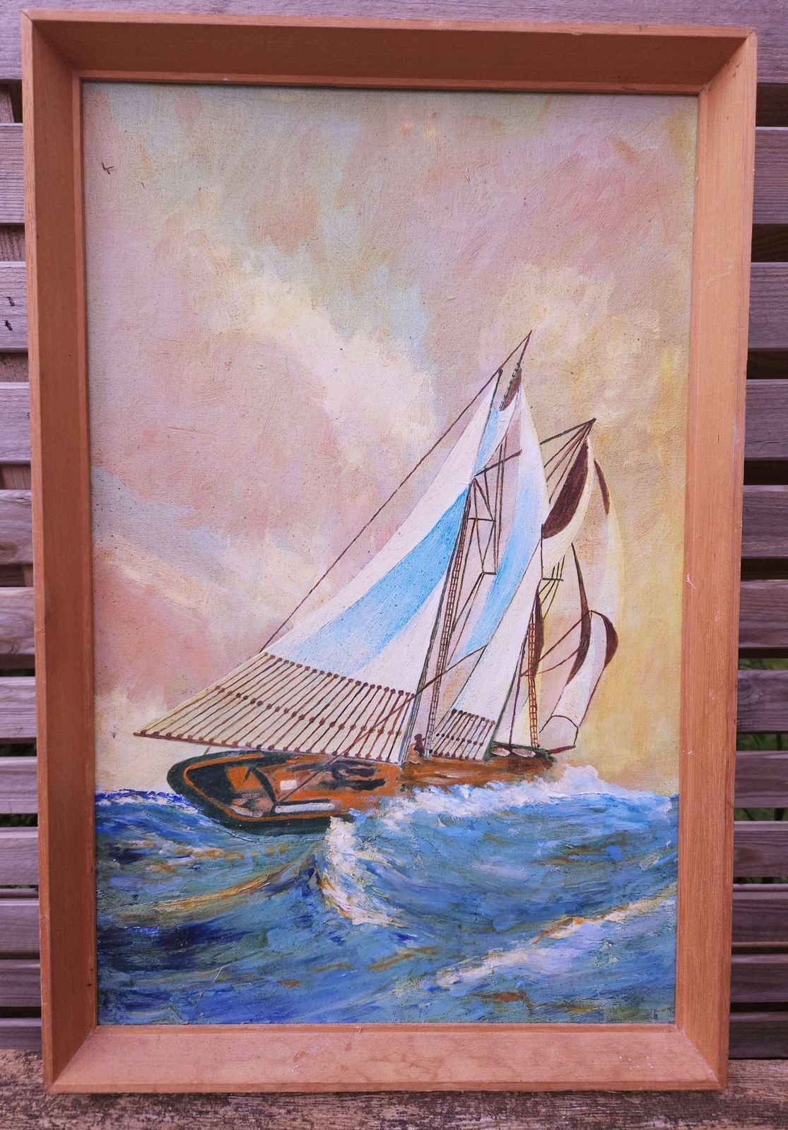 Nautical Vintage Oil On Board Of Dynamic Sailing Boat Riding A Wave