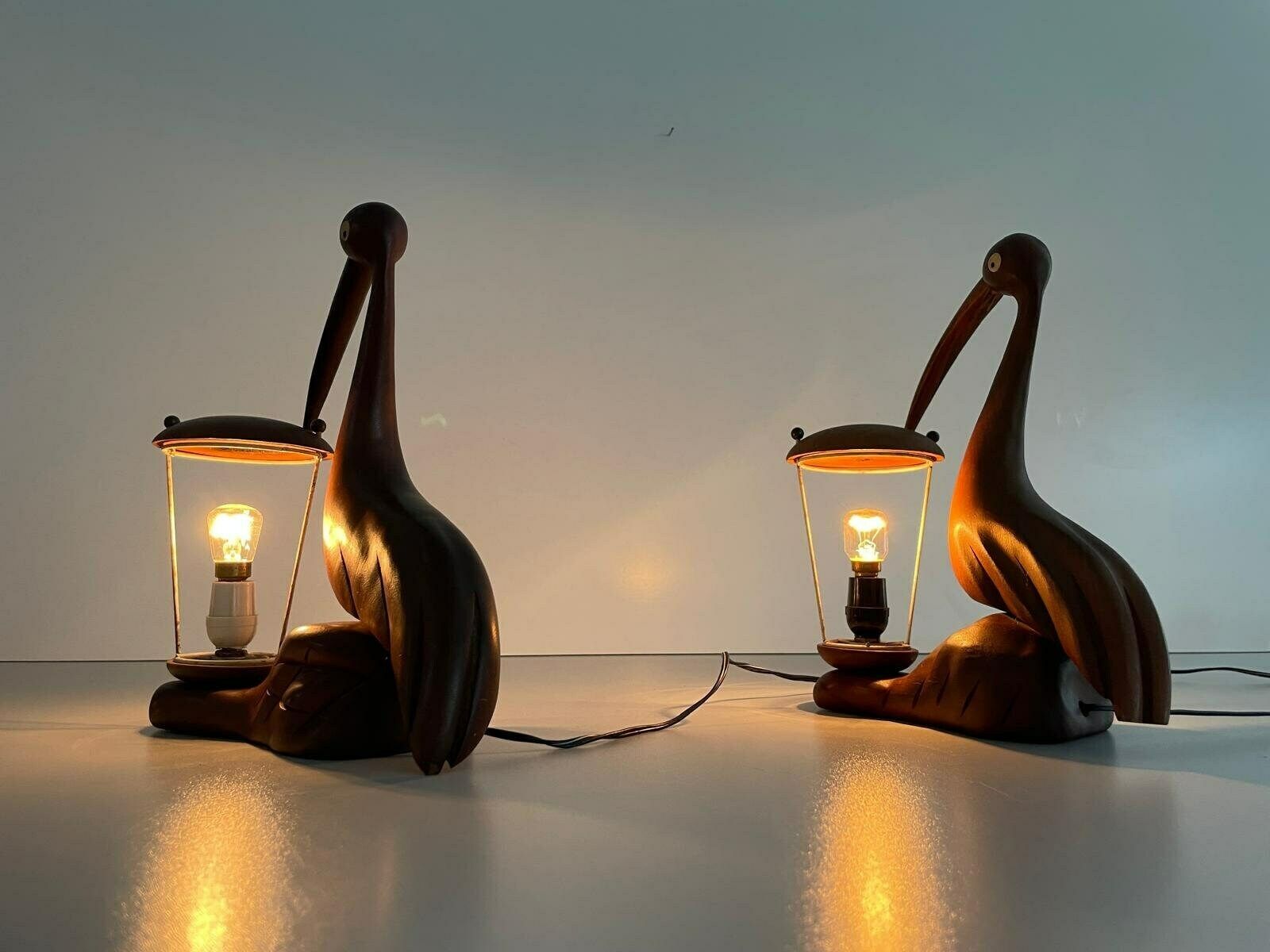 Italian Teak Heron Design Pair Of Table Lamps By Aldo Tura, 1960s, Italy photo Lighting