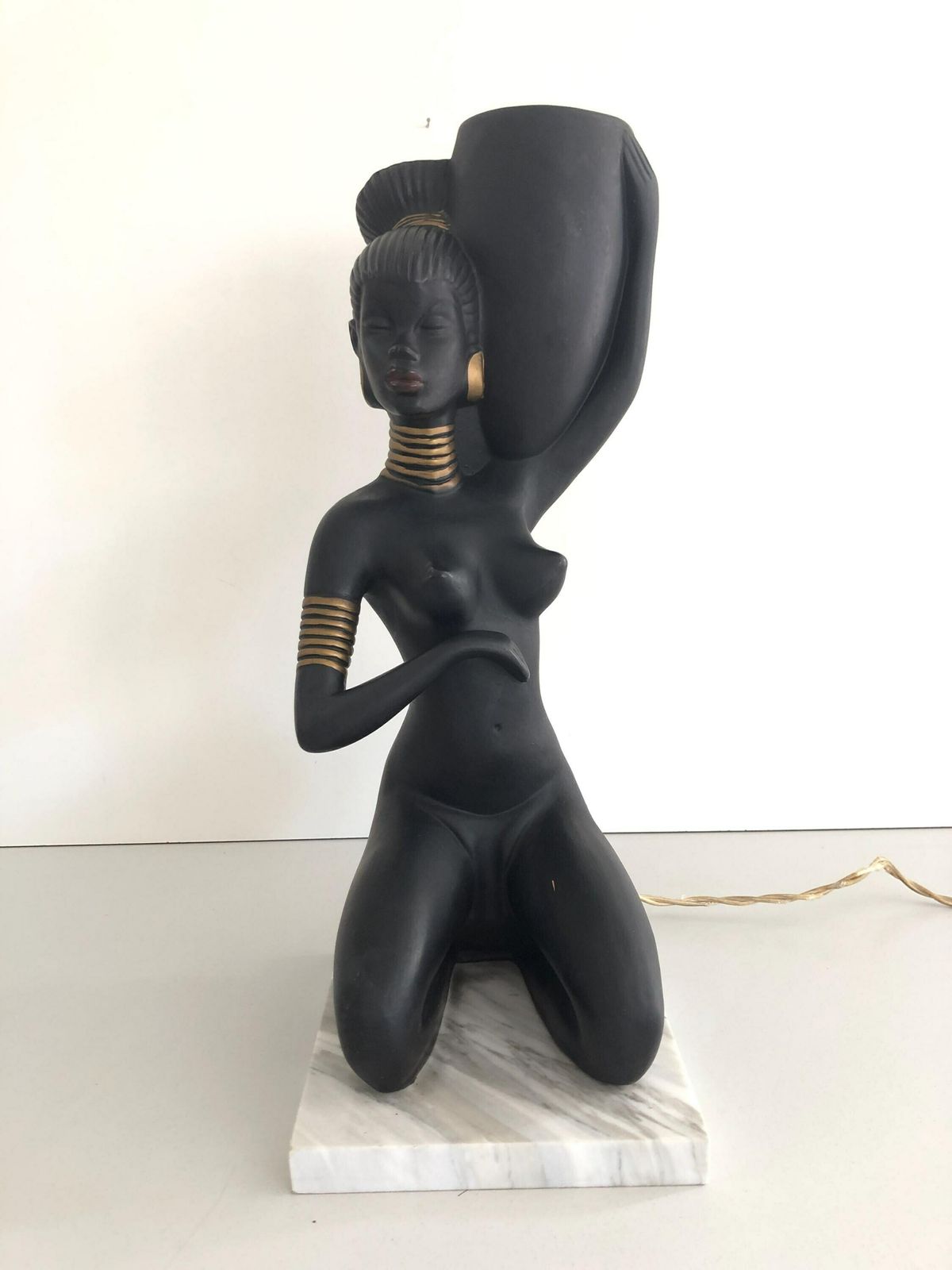 African Woman Ceramic Large Table Lamp, In Style Of Barsony photo for sale