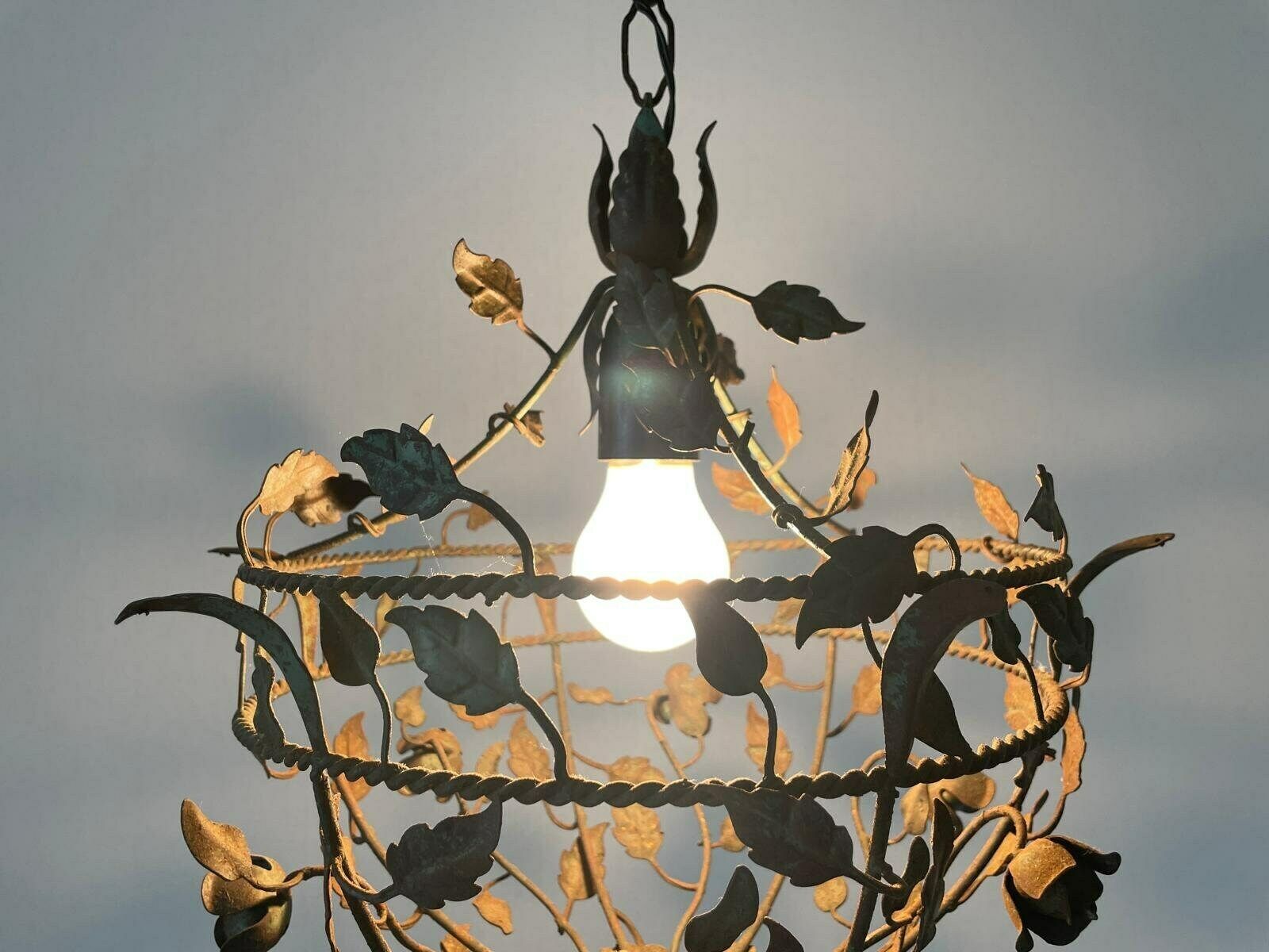 photo for sale Unusual Flower And Leaf Design Italian Metal Ceiling Lamp With Green Patinas, 1950s, Italy
