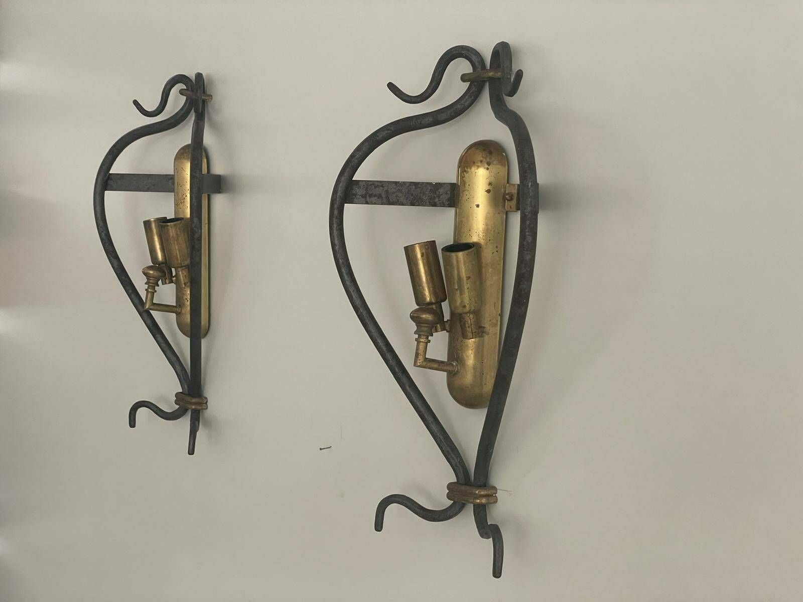 Unusual Italian Design Brass And Iron Pair Of Sconces, 1950s, Italy photo vinterior