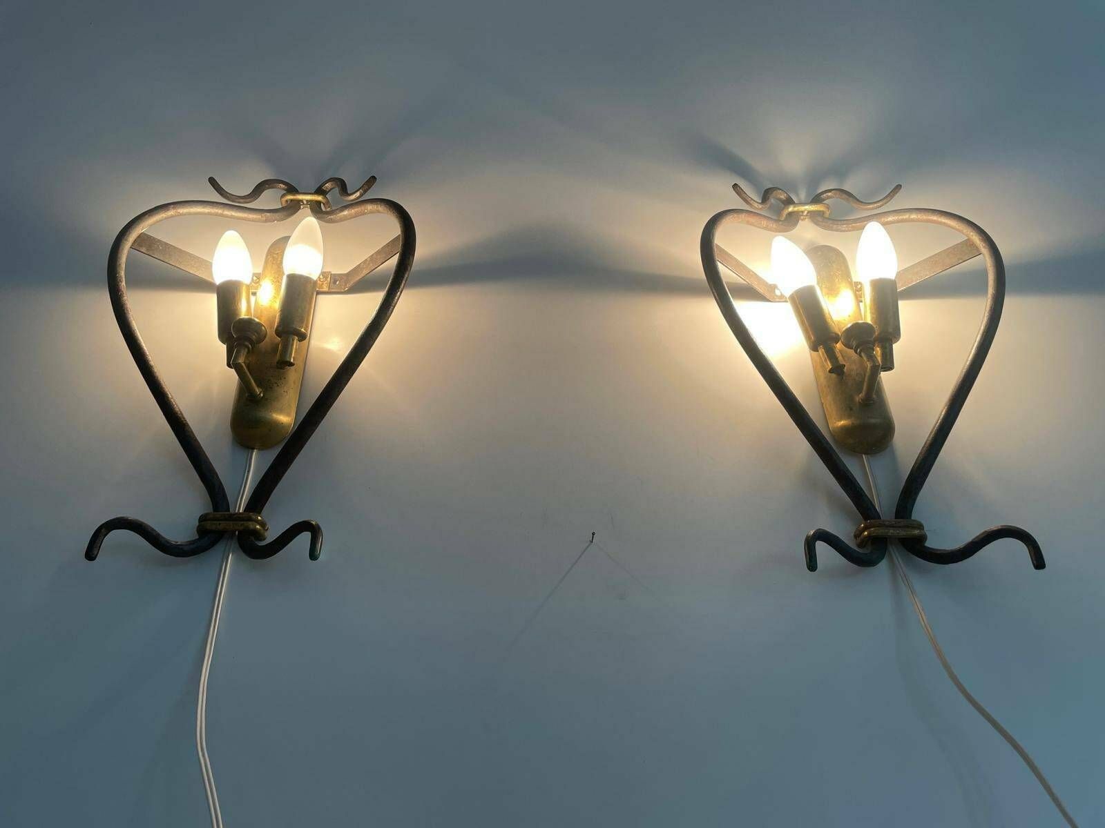 photo for sale Unusual Italian Design Brass And Iron Pair Of Sconces, 1950s, Italy