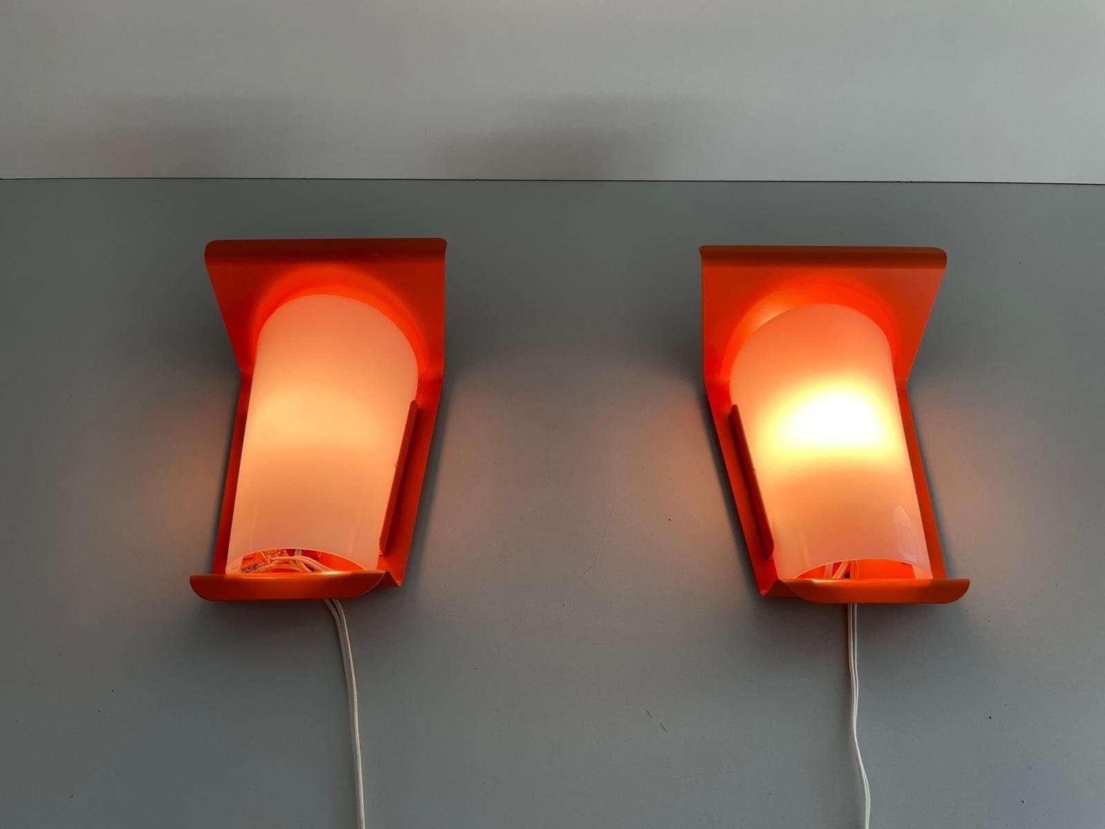 Orange Metal And Plexi Shade Pair Of Sconces, 1960s, Germany photo furniture