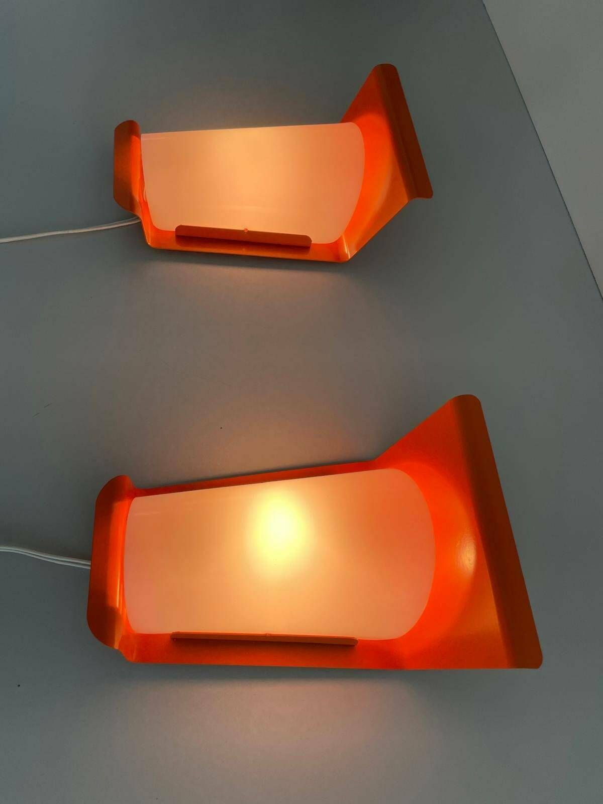 Orange Metal And Plexi Shade Pair Of Sconces, 1960s, Germany photo vintage