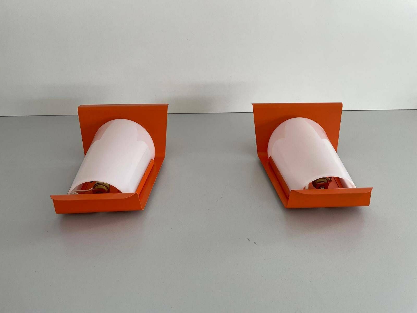 photo for sale Orange Metal And Plexi Shade Pair Of Sconces, 1960s, Germany