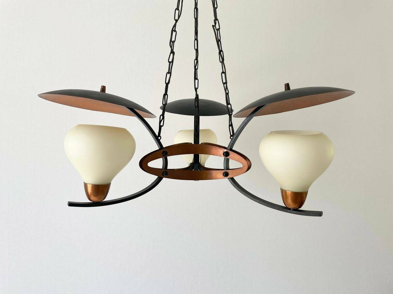 3 Armed Glass And Copper   Black Metal Chandelier, Germany, 1960s, 2 Available photo furniture