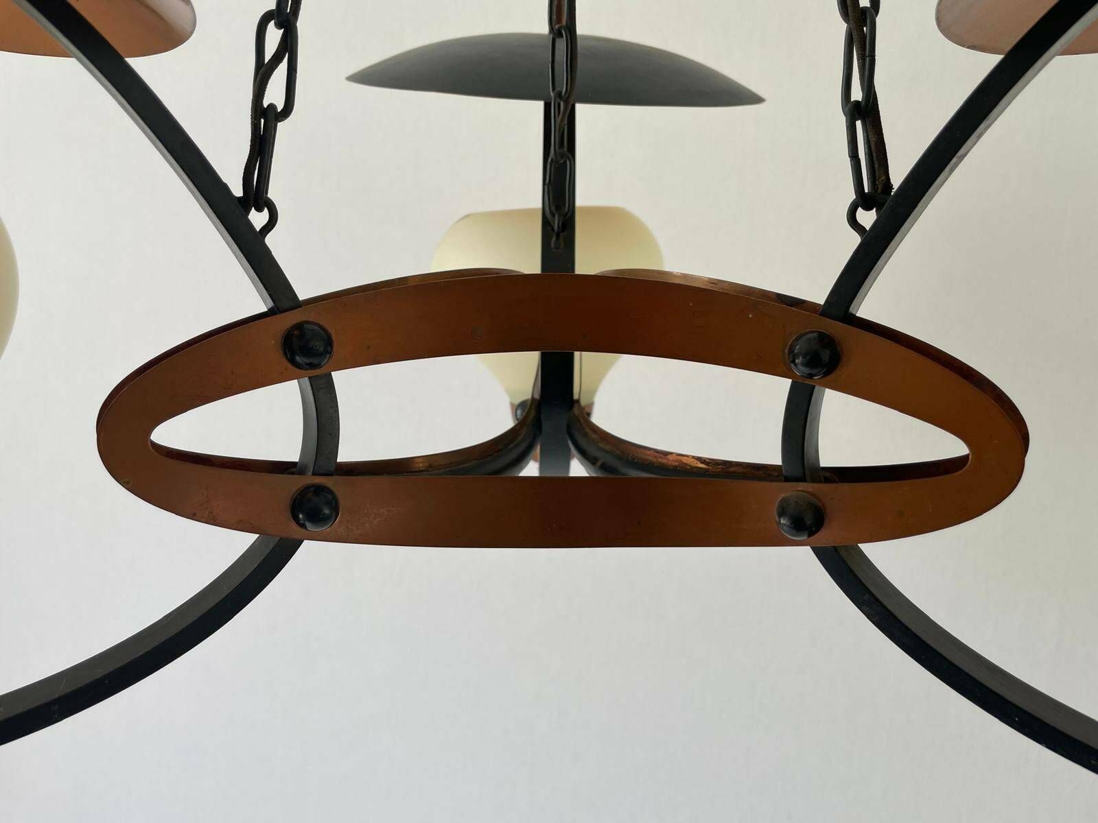 photo for sale 3 Armed Glass And Copper   Black Metal Chandelier, Germany, 1960s, 2 Available