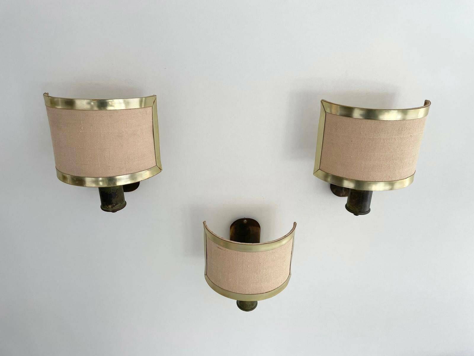Mid Century Modern Fabric And Brass Set Of 3 Sconces, Italy, 1960s photo 1305.0