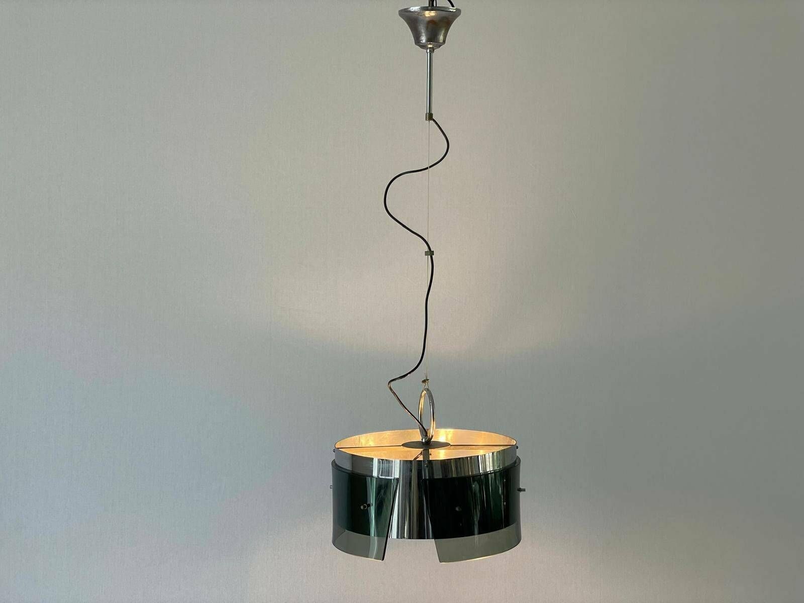 Italian Design Cylindrical Green Glass And Chrome Pendant Lamp, Italy, 1970s photo 924.0